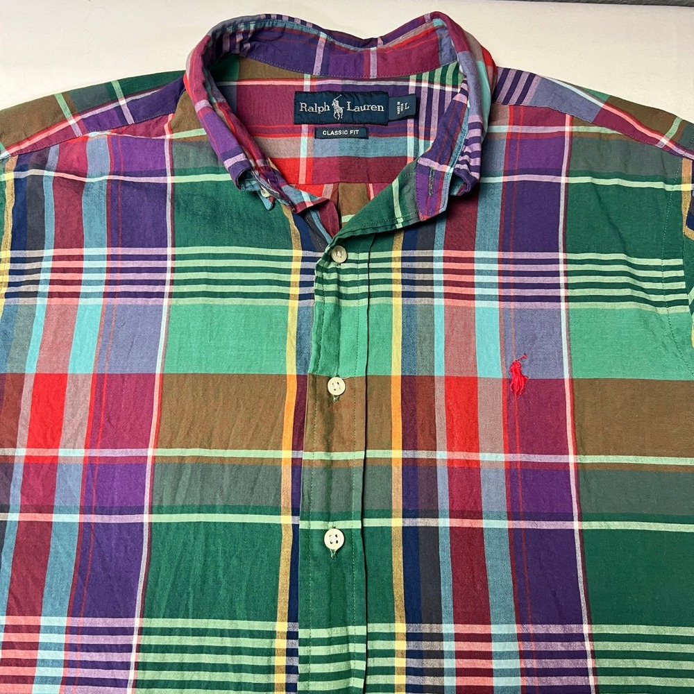 Ralph Lauren Vibrant Plaid Button Down Red Pony Shirt Classic Fit Short Sleeve L
